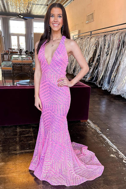 Mermaid Halter Sequins Hot Pink  Cross Back Prom Dress