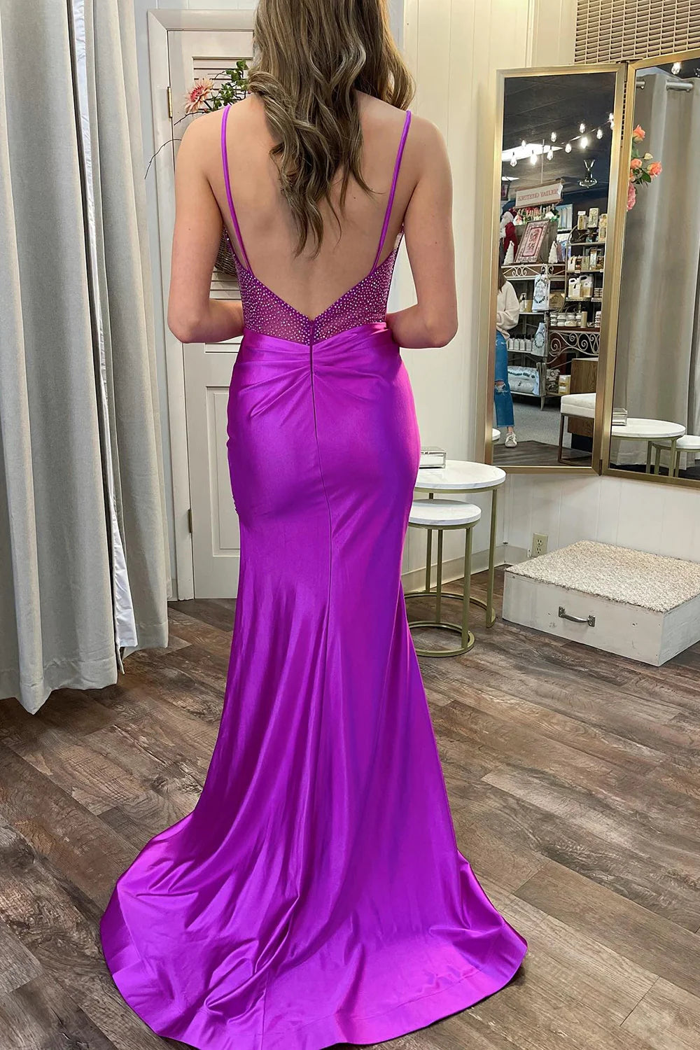 Mermaid Spaghetti Straps Sweetheart Fuchsia  Prom Dress With Slit
