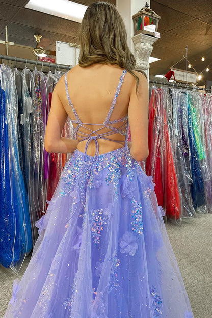 Appliqued Sequins Tulle Sweetheart  Lavender  Prom Dress With Slit