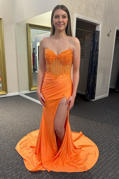 Sweetheart Mermaid Floor-Length Orange  Prom Dress With Slit