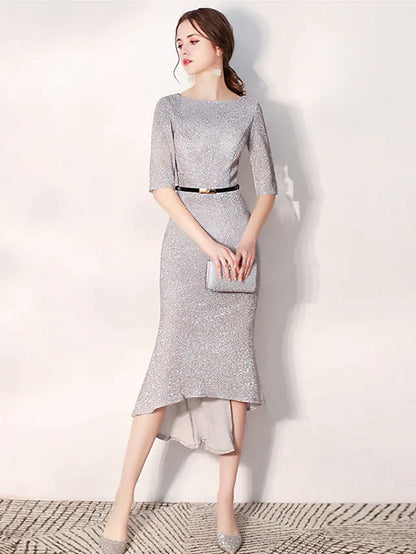 Cocktail Party Dress Jewel Neck Long Sleeve Tea Length Sequined with Sash Ribbon Sequin Ruffles