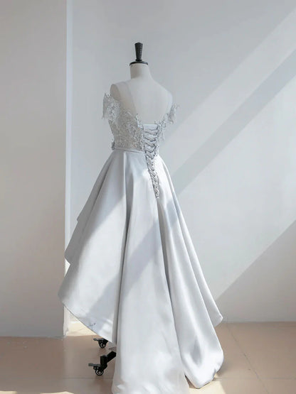 Gray Scoop Neckline High Low Lace Homecoming Dresses