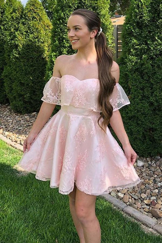 Xuewuba Dress Off the Shoulder Short Pink Lace Prom Dresses Homecoming Dresses