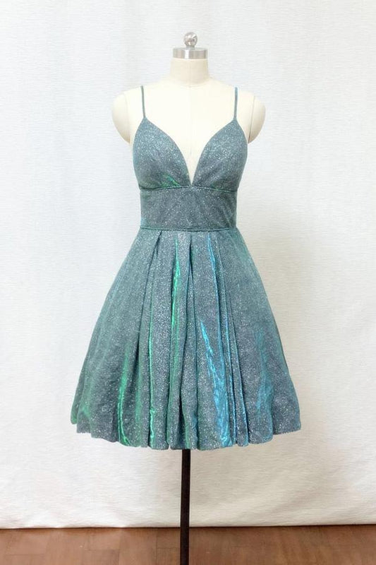 Xuewuba Dress Spaghetti Straps Silver Green Glitter Short Homecoming Dress