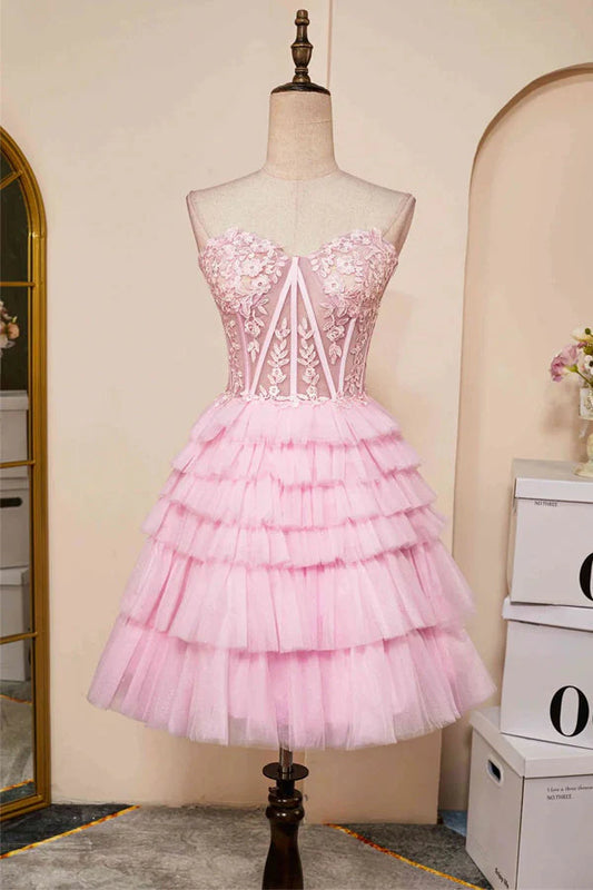 Xuewuba Dress Sweetheart Neck Layered Strapless Pink Homecoming Dress