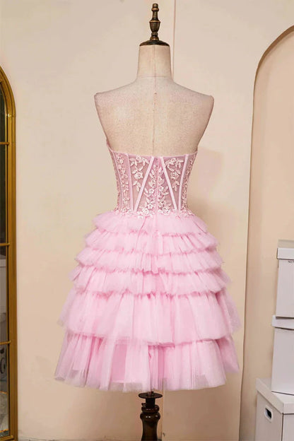 Xuewuba Dress Sweetheart Neck Layered Strapless Pink Homecoming Dress