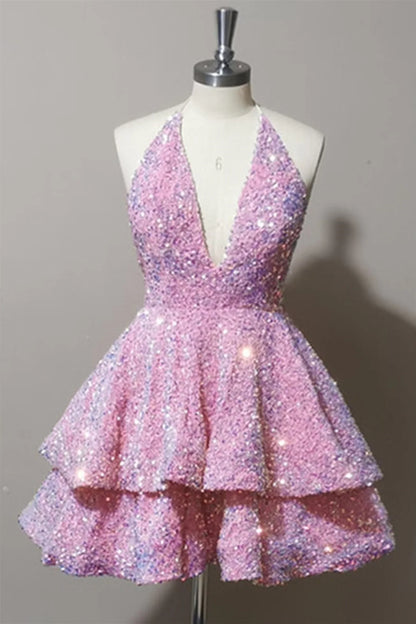 Xuewuba Dress Sexy Short Pink V-neck Sleeveless Sequined Homecoming Dress