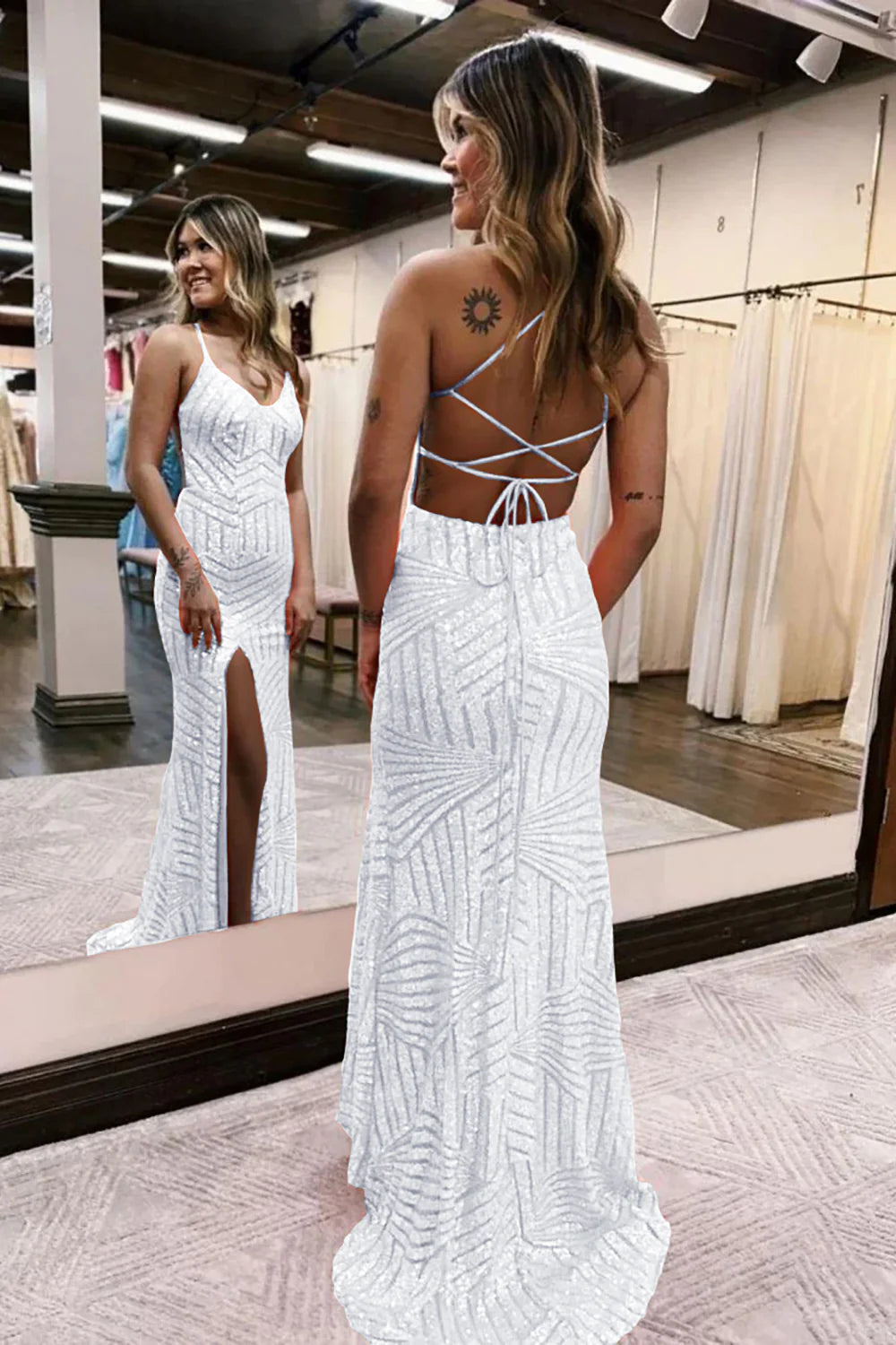Sequins V-Neck Spaghetti Straps Prom Dress