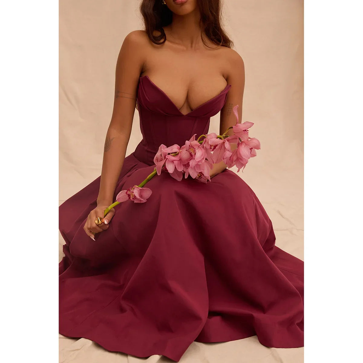 Xuewuba Stores With Prom Dresses Solid Color Women's Strapless Burgandy Prom Dress Formal Women's Dresses