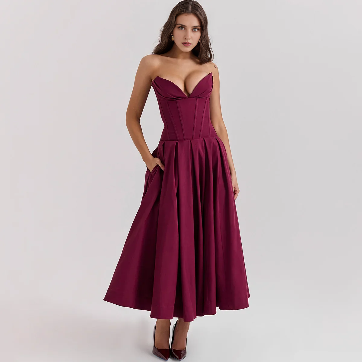 Xuewuba Stores With Prom Dresses Solid Color Women's Strapless Burgandy Prom Dress Formal Women's Dresses