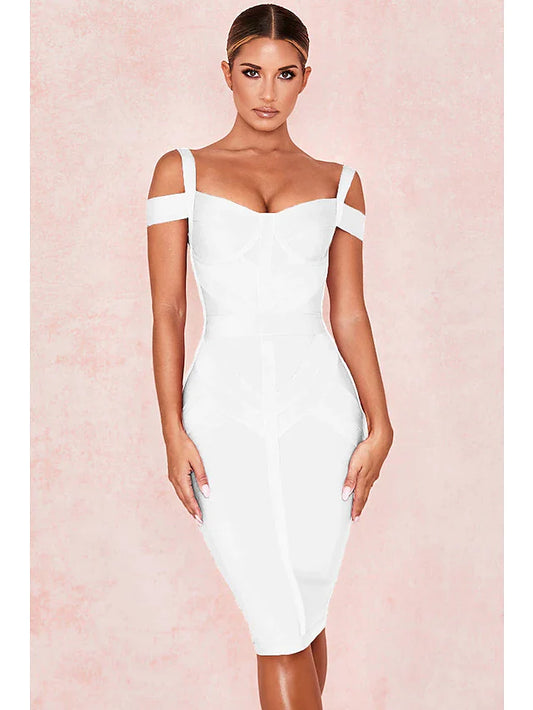 Cocktail Party Valentine's Day Dress Off Shoulder Sleeveless Knee Length Spandex with Sleek