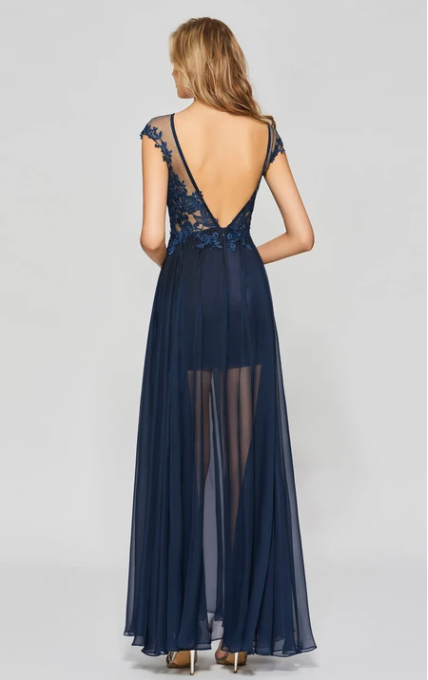 Xuewuba Dress A-line Sexy Split Front Bateau Chiffon Gown With Lace Appliques Deep V-back Prom Dress Formal Wear Dresses