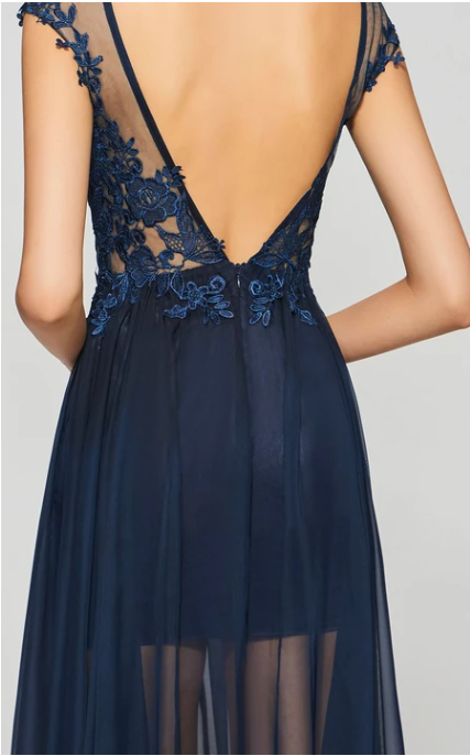 Xuewuba Dress A-line Sexy Split Front Bateau Chiffon Gown With Lace Appliques Deep V-back Prom Dress Formal Wear Dresses