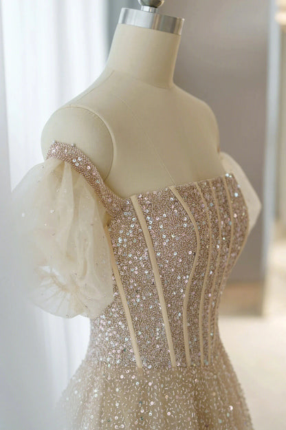 A-Line Short Sleeve Tulle Beaded Long Prom Dress