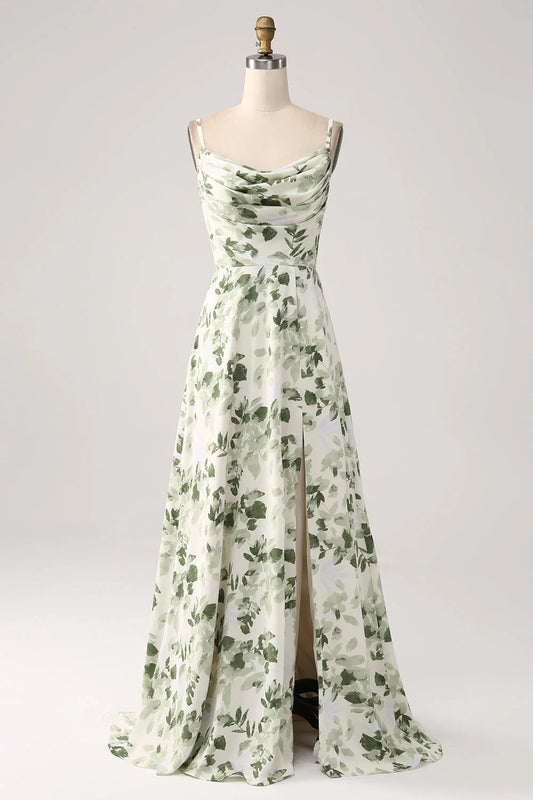 Cowl Neck Floral A Line Prom Dress With Slit