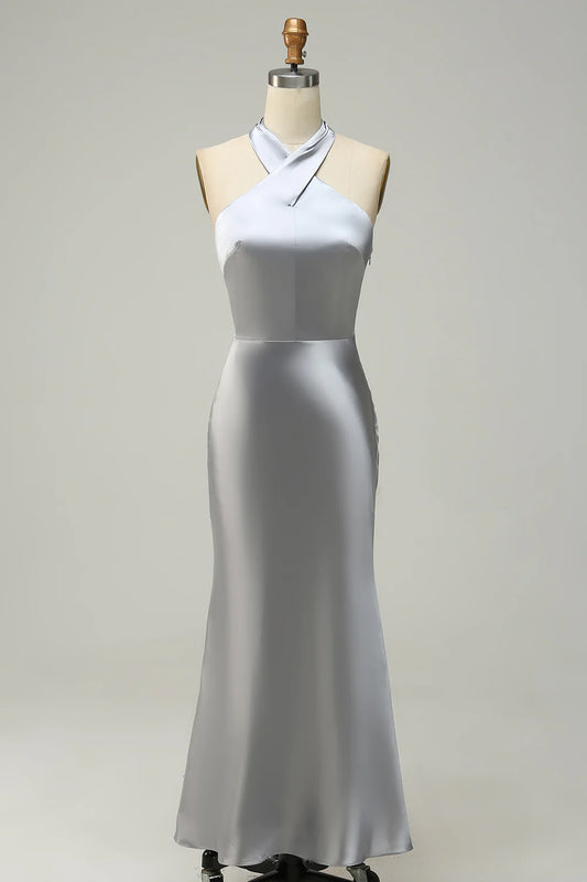 Halter Neck Satin Long Bridesmaid Dress