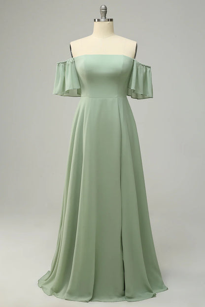 A Line Off The Shoulder Bridesmaid Dress With Ruffles