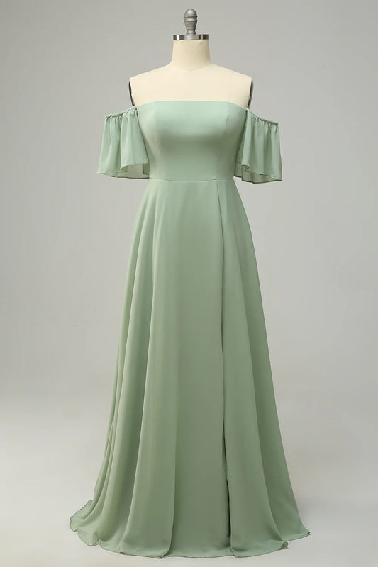 A Line Off The Shoulder Bridesmaid Dress With Ruffles