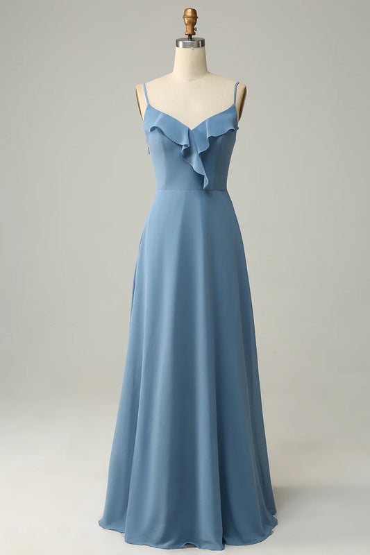 A-Line Spaghetti Straps Long Bridesmaid Dress With Ruffles