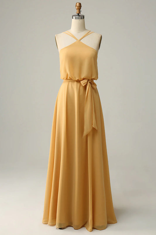 A-Line Halter Long Bridemaid Dress With Bowknot
