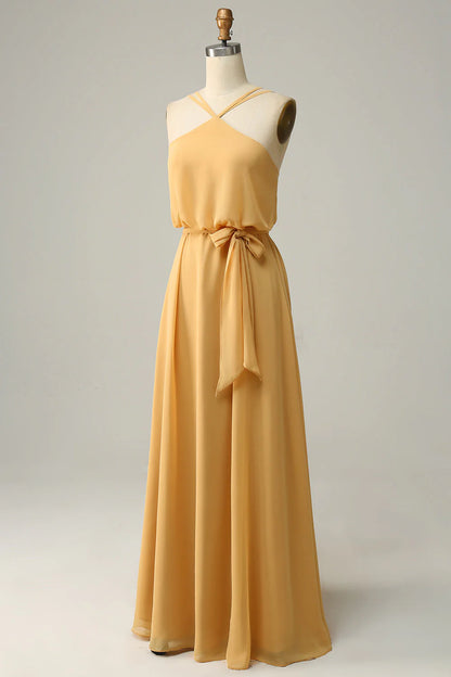 A-Line Halter Long Bridemaid Dress With Bowknot