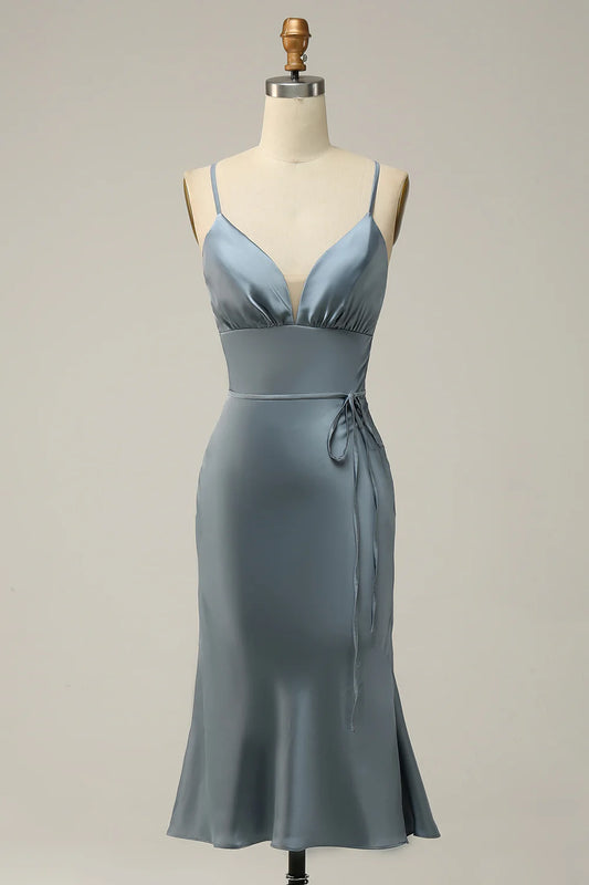 Sheath Spaghetti Straps Satin Bridesmaid Dress