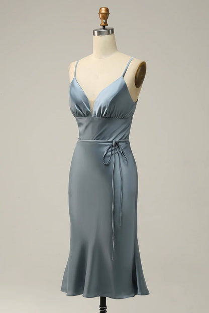 Sheath Spaghetti Straps Satin Bridesmaid Dress