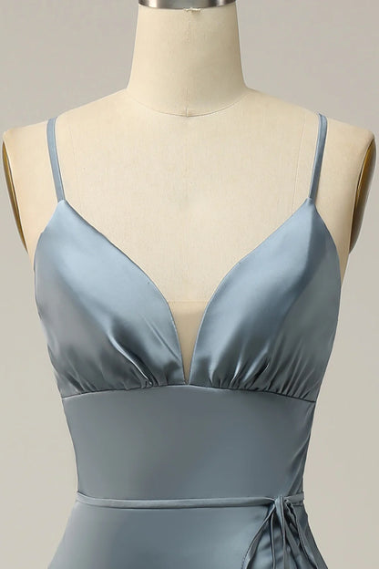 Sheath Spaghetti Straps Satin Bridesmaid Dress