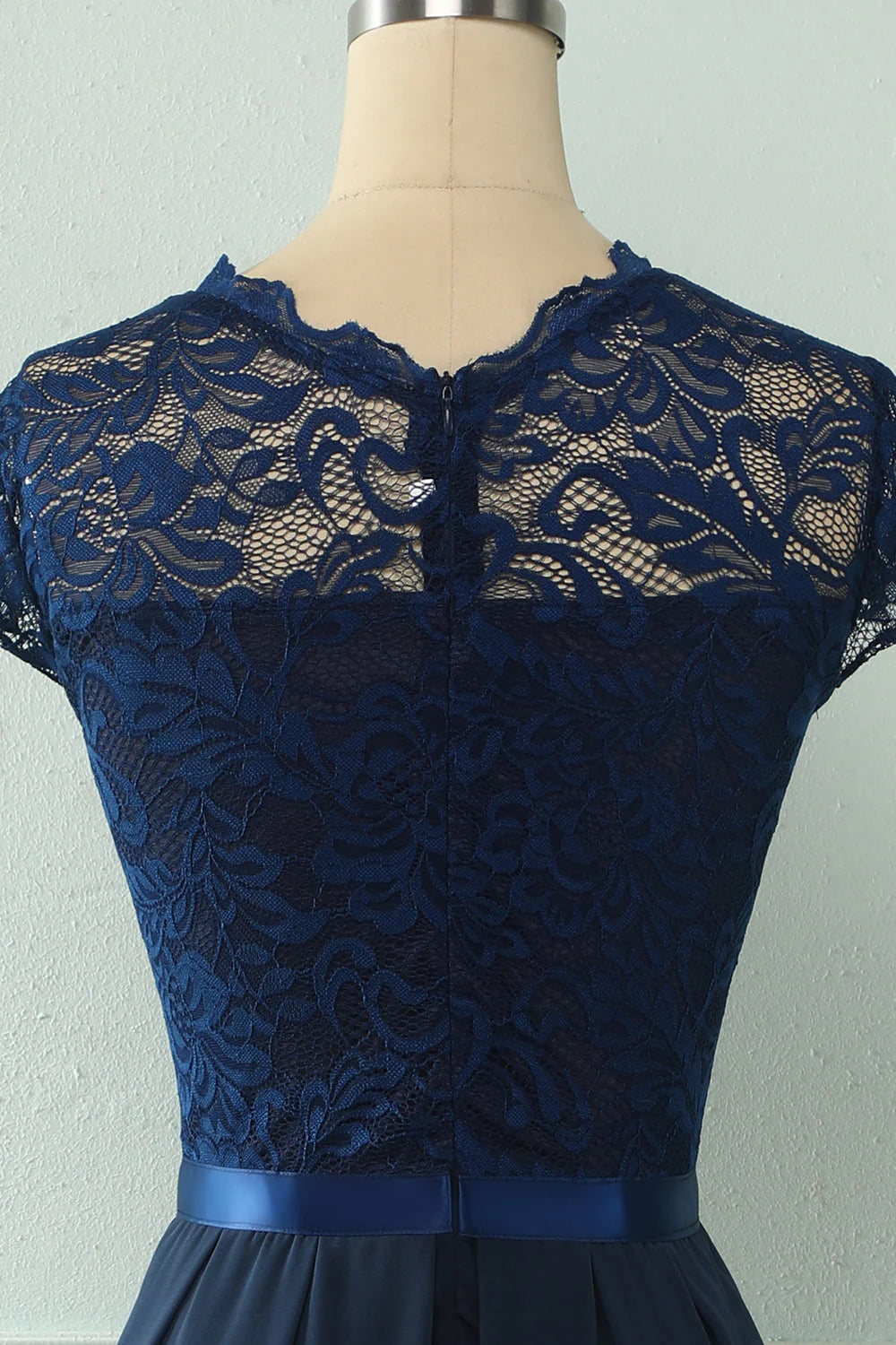 A-Line Round Neck Lace Bridesmaid Dress With Short Sleeved