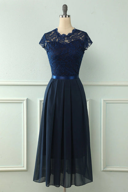 A-Line Round Neck Lace Bridesmaid Dress With Short Sleeved