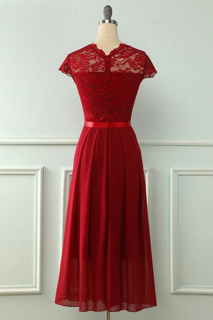 A-Line Round Neck Lace Bridesmaid Dress With Short Sleeved