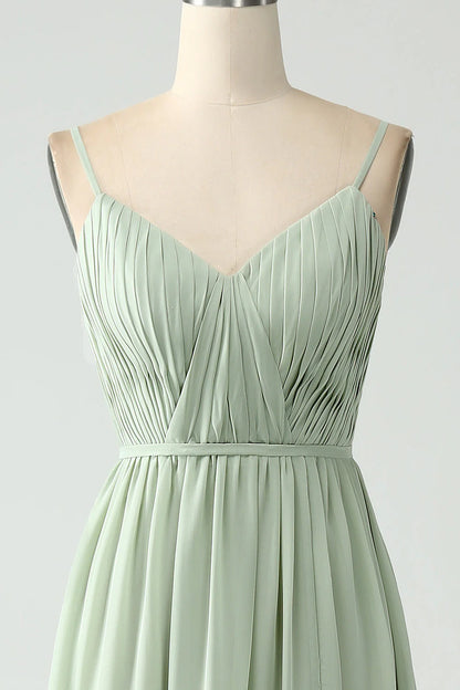A-Line Chiffon Spaghetti Straps Long Bridesmaid Dress With Slit