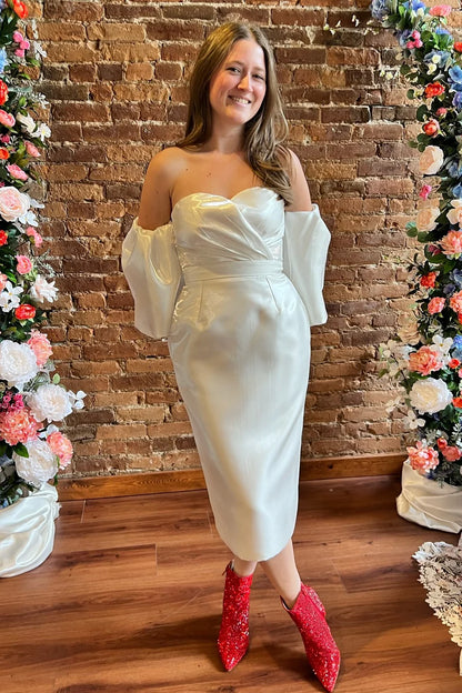 off Shoulder Sweetheart Reception Dress with Sleeves