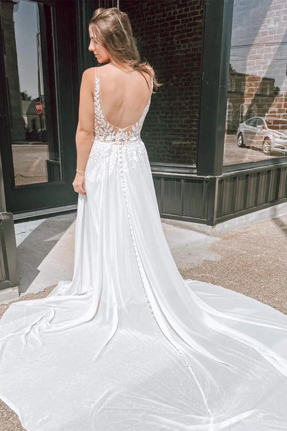 Deep V Open Back Long Wedding Dress With Appliques