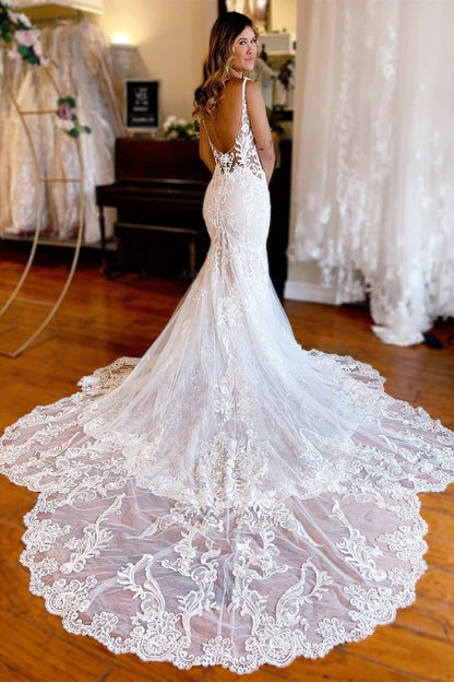 Lace Deep V Neck Backless Trumpet Long Wedding Dress