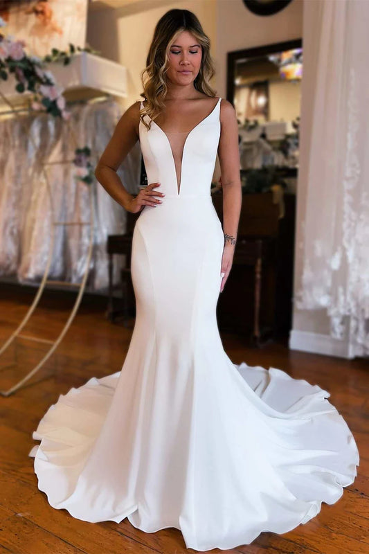 Deep V Neck Backless Mermaid Long Wedding Dress