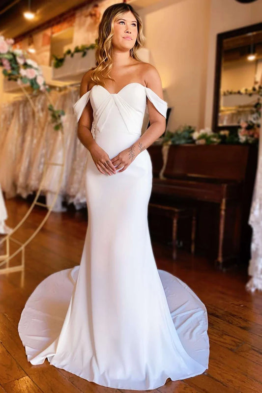 Off-the-Shoulder Backless Mermaid Long Wedding Dress With Train ﻿
