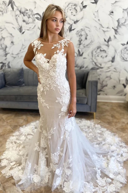 Round Neck Open Back Appliques Trumpet Long Wedding Dress