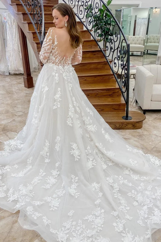 Long Sleeve Backless Long Wedding Dress With Applique