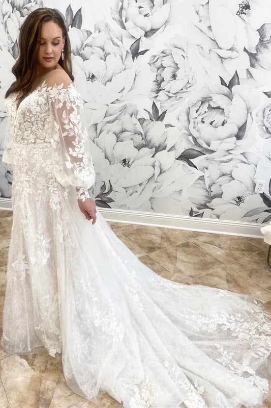 A-Line Round Neck Long Sleeve Wedding Dress With  Applique