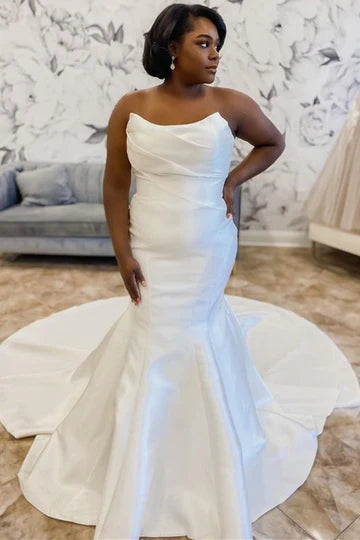 A-Line Satin Strapless Trumpet Long Wedding Dress With Train
