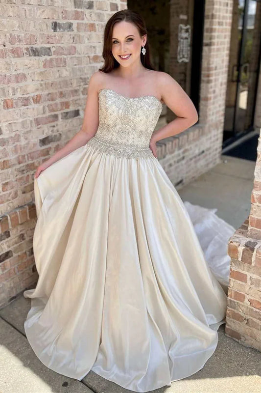 A-Line Strapless Beading Wedding Dress