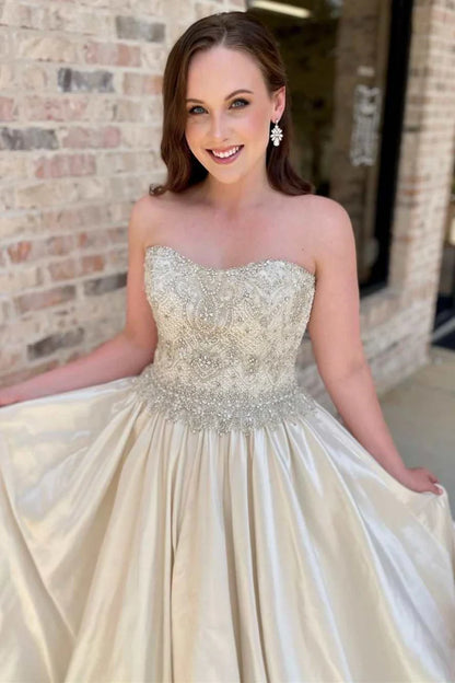 A-Line Strapless Beading Wedding Dress