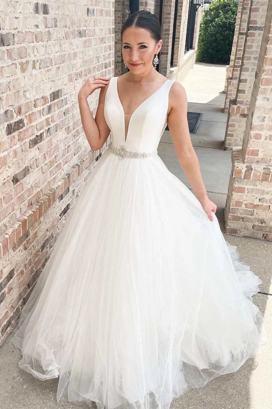 A-Line V-Neck Long Wedding Dress with Belt