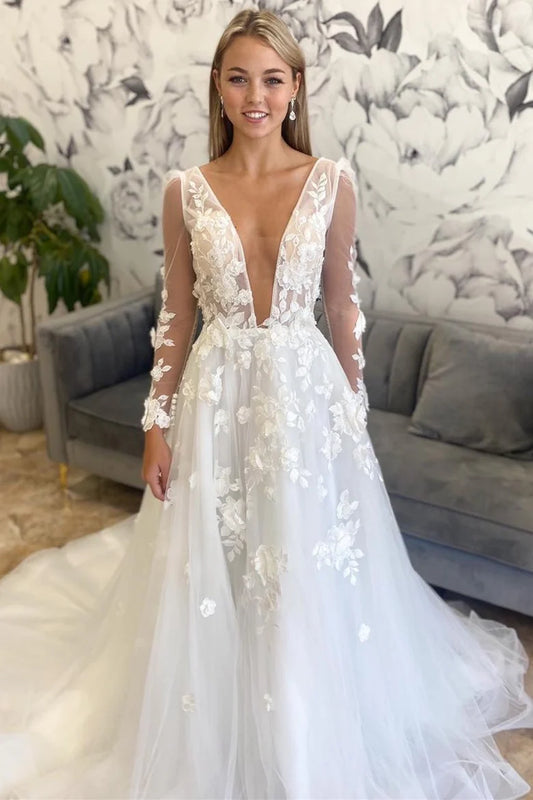 A-Line Floral Deep V Neck Backless Wedding Dress