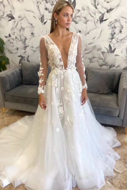 A-Line Floral Deep V Neck Backless Wedding Dress
