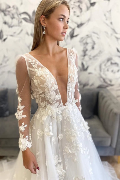 A-Line Floral Deep V Neck Backless Wedding Dress