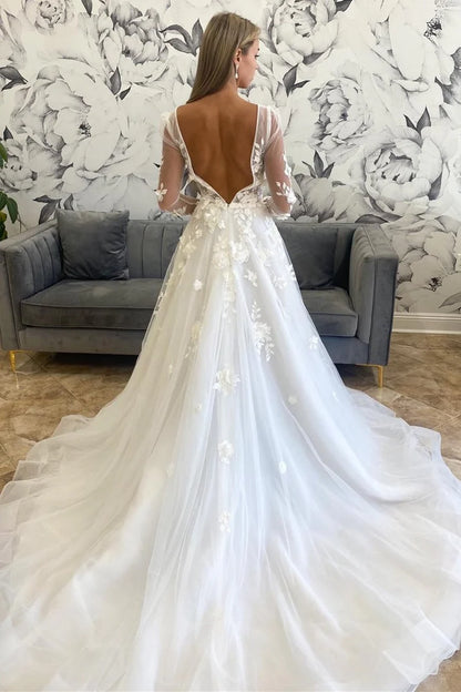 A-Line Floral Deep V Neck Backless Wedding Dress