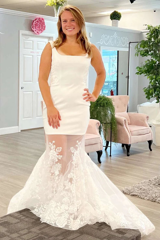 Square Neck Trumpet Long Wedding Dress With Back Tulle