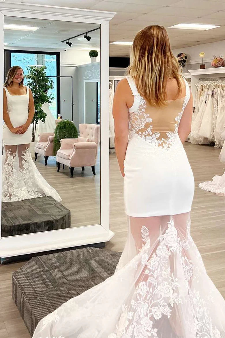 Square Neck Trumpet Long Wedding Dress With Back Tulle